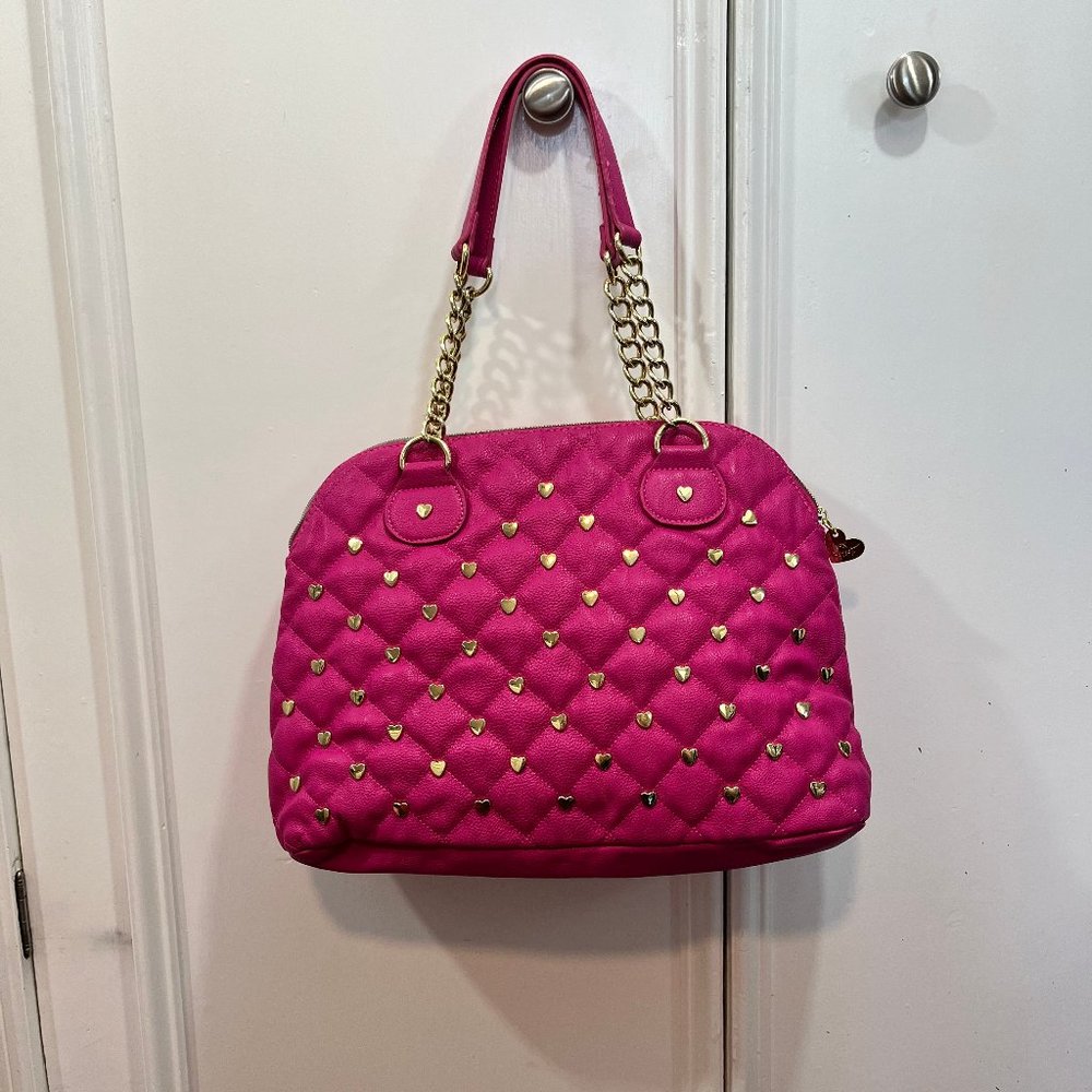 Betsey Johnson Hot Pink Quilted Heart Studs Handbag